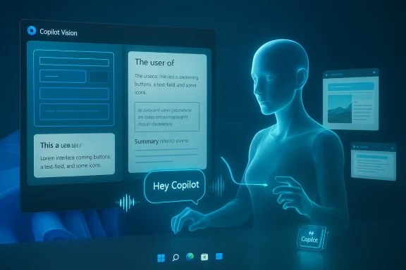 A blue holographic assistant interacts with floating UI panels labeled 'Copilot Vision'. A blue holographic assistant interacts with floating UI panels labeled 'Copilot Vision'.