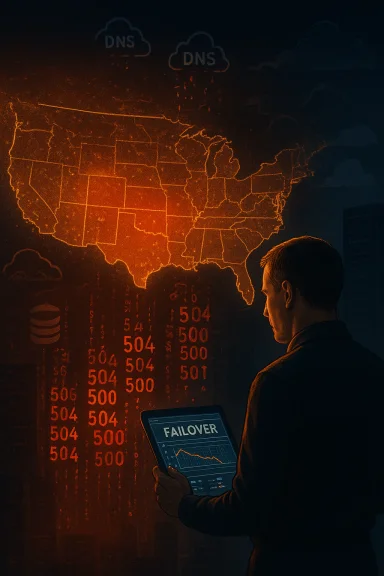 A man monitors a FAILOVER tablet as a glowing map of the US and DNS clouds loom.