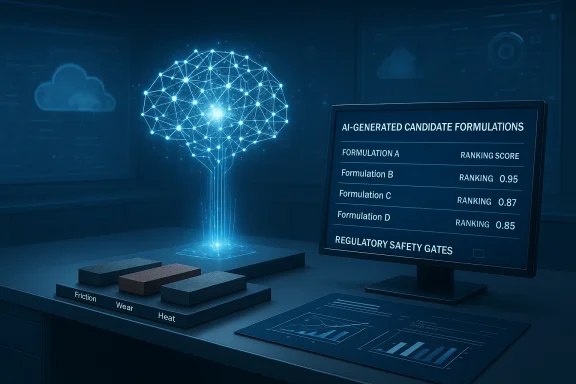 A digital holographic brain model glows beside a monitor displaying AI-generated candidate formulations and safety gates. A digital holographic brain model glows beside a monitor displaying AI-generated candidate formulations and safety gates.