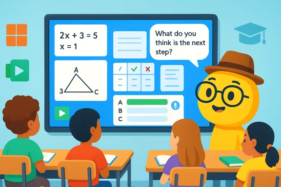 Classroom students learn math from a large interactive screen guided by a friendly mascot. Classroom students learn math from a large interactive screen guided by a friendly mascot.