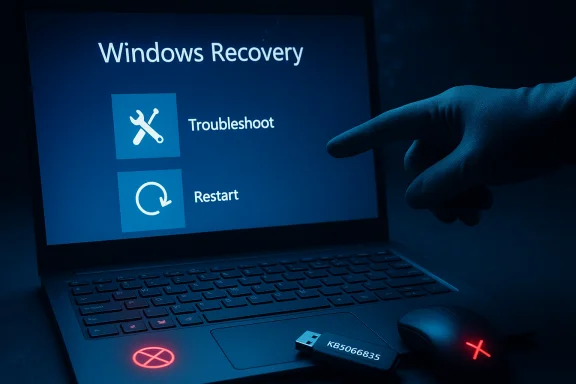 Laptop shows Windows Recovery with Troubleshoot and Restart as a finger points at the screen.
