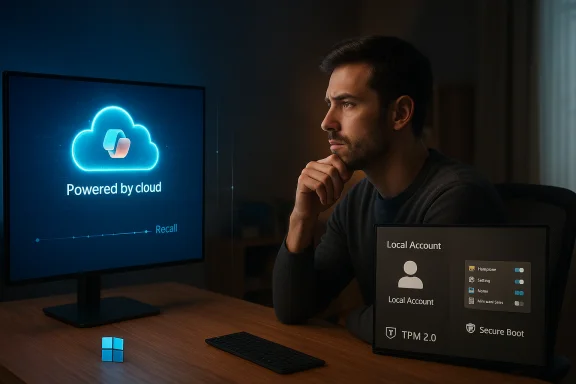 Man contemplates a cloud-powered display; a security box highlights TPM 2.0 and Secure Boot. Man contemplates a cloud-powered display; a security box highlights TPM 2.0 and Secure Boot.