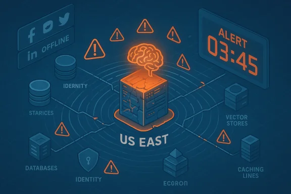 US East data center hub with a glowing brain server and orange alert signals. US East data center hub with a glowing brain server and orange alert signals.