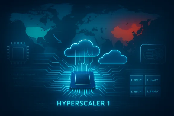 Blue cloud computing and circuitry framing a central chip labeled Hyperscaler 1. Blue cloud computing and circuitry framing a central chip labeled Hyperscaler 1.