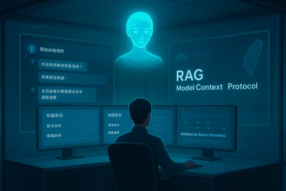 A technician monitors AI RAG context protocol on holographic screens in a futuristic control room. A technician monitors AI RAG context protocol on holographic screens in a futuristic control room.
