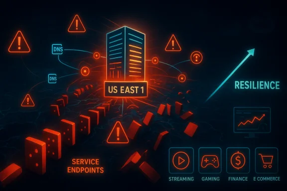 Neon data center hub labeled 'US EAST 1' with DNS links, alerts, and an upward resilience arrow.