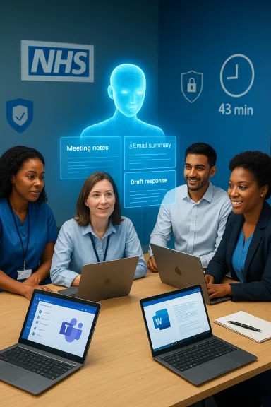 Diverse team collaborates around a table of laptops as a blue holographic NHS interface appears.