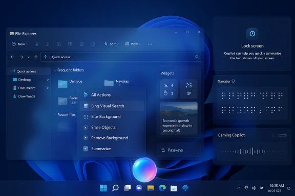 Windows 11 desktop with a translucent File Explorer window and floating widgets. Windows 11 desktop with a translucent File Explorer window and floating widgets.