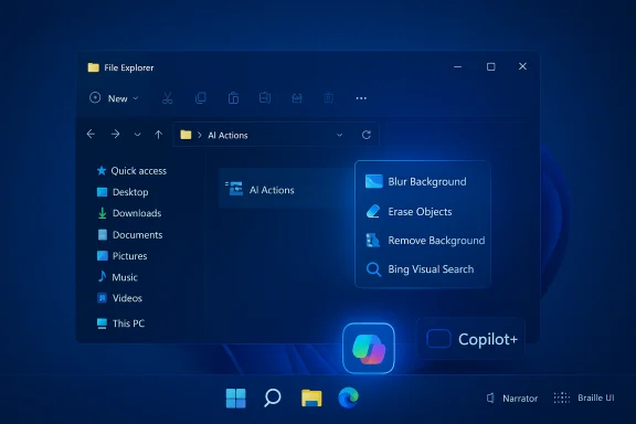 Futuristic Windows File Explorer with AI actions like Blur Background and Remove Background.