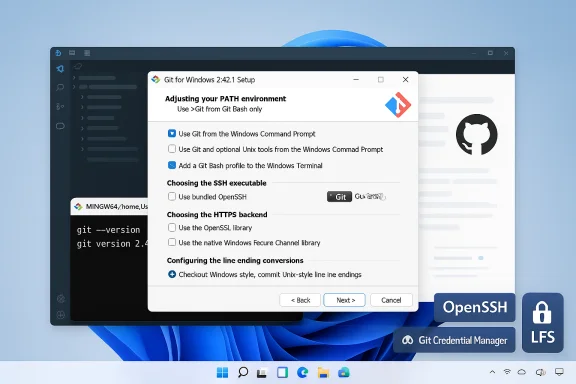 Git for Windows setup dialog on a Windows 11 desktop with OpenSSH and LFS badges. Git for Windows setup dialog on a Windows 11 desktop with OpenSSH and LFS badges.