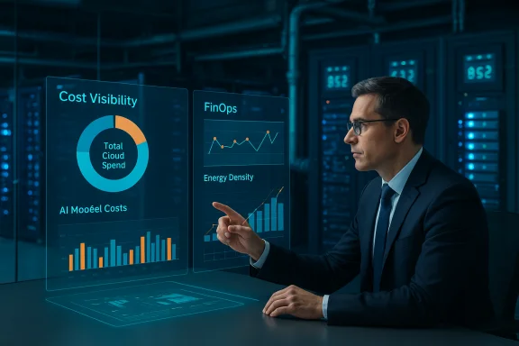 A suited professional in a data center analyzes holographic dashboards for cloud spend and FinOps metrics.