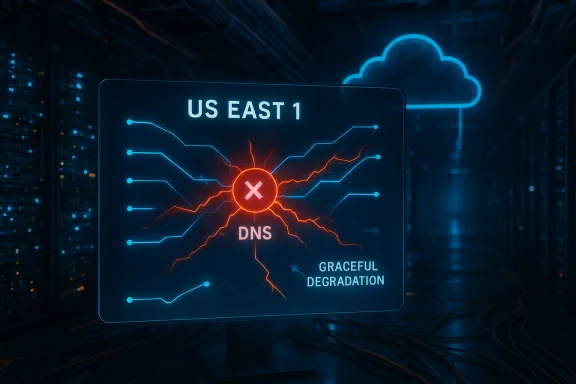 US East 1 DNS outage triggers graceful degradation of the cloud network.