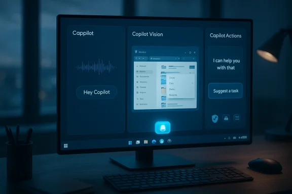 Monitor displays a three-panel Copilot UI with voice, vision, and actions. Monitor displays a three-panel Copilot UI with voice, vision, and actions.