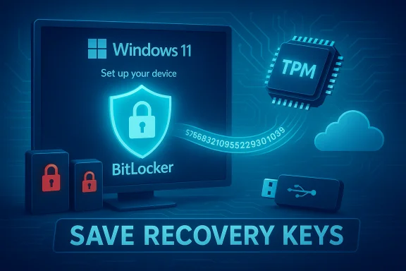 Windows 11 setup screen showing BitLocker security with TPM, USB drives, and Save Recovery Keys. Windows 11 setup screen showing BitLocker security with TPM, USB drives, and Save Recovery Keys.
