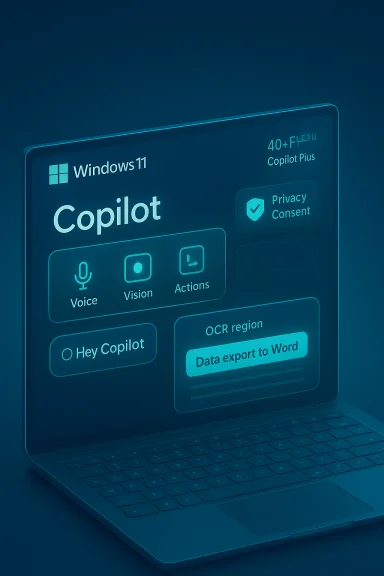 A laptop screen shows a Windows 11 Copilot UI with Voice, Vision, and Actions features. A laptop screen shows a Windows 11 Copilot UI with Voice, Vision, and Actions features.