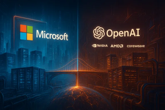 Futuristic cityscape with glowing Microsoft and OpenAI logos amid neon circuitry. Futuristic cityscape with glowing Microsoft and OpenAI logos amid neon circuitry.