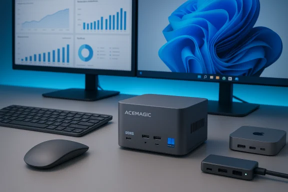 ACEMAGIC mini PC on a desk with dual monitors, keyboard, mouse, and USB hub. ACEMAGIC mini PC on a desk with dual monitors, keyboard, mouse, and USB hub.