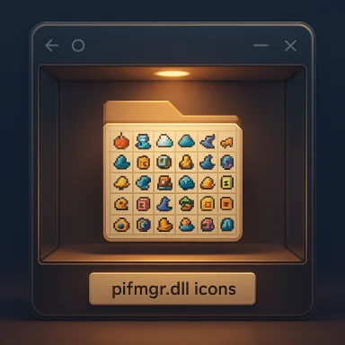 A retro file explorer displays a folder of pixel-art icons labeled pifmgr.dll icons.