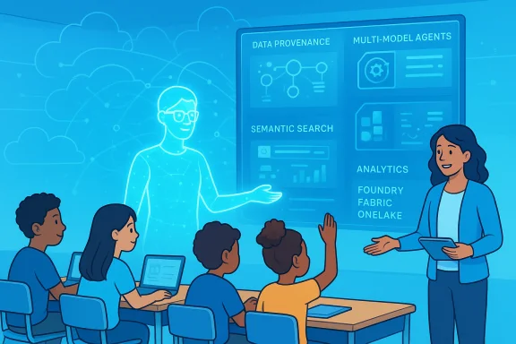 A teacher presents AI data analytics concepts to students using a holographic display. A teacher presents AI data analytics concepts to students using a holographic display.