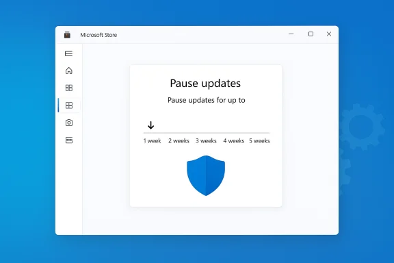 Microsoft Store UI shows a 'Pause updates' dialog with a timeline and blue shield icon. Microsoft Store UI shows a 'Pause updates' dialog with a timeline and blue shield icon.