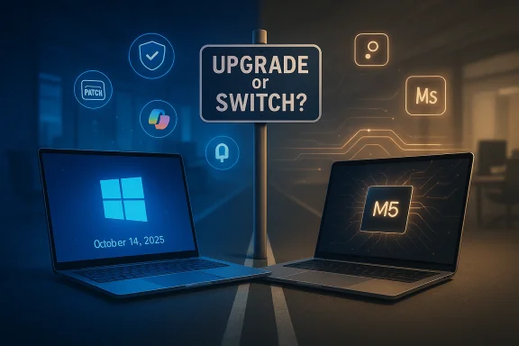 Two laptops face off under a central “Upgrade or Switch?” sign with glowing icons. Two laptops face off under a central “Upgrade or Switch?” sign with glowing icons.