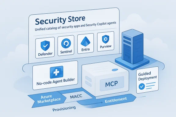 Illustration of a Security Store catalog listing security apps and Copilot agents for cloud security. Illustration of a Security Store catalog listing security apps and Copilot agents for cloud security.