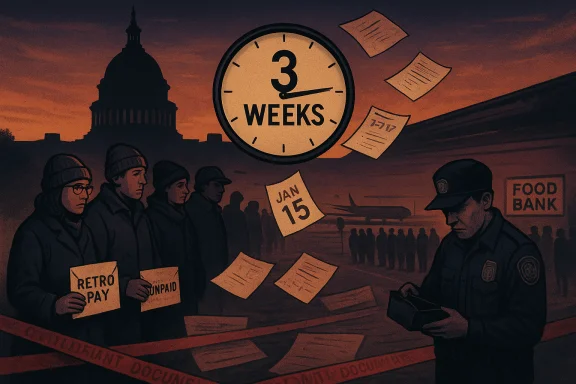 A countdown clock shows 3 weeks as workers protest for retro pay amid unpaid wages and a food bank line.