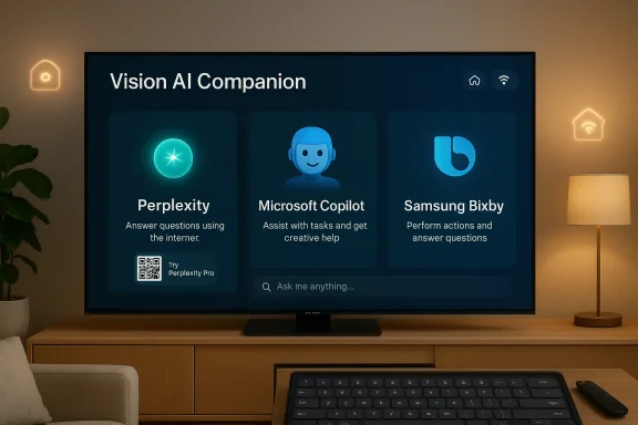 TV screen shows Vision AI Companion with Perplexity, Microsoft Copilot, and Samsung Bixby. TV screen shows Vision AI Companion with Perplexity, Microsoft Copilot, and Samsung Bixby.