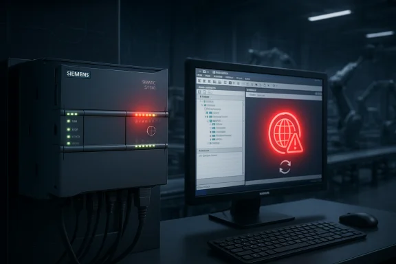 Siemens SIMATIC controller beside a monitor showing a red warning icon.