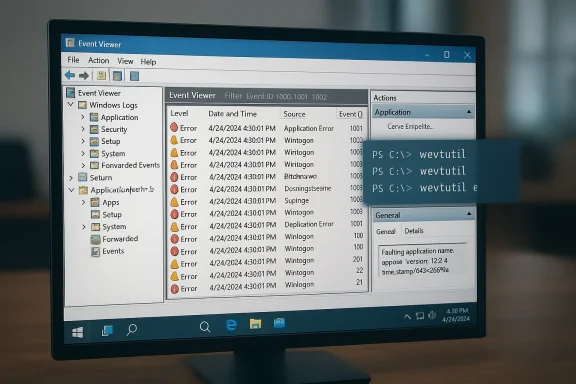 Windows Event Viewer on a monitor showing error logs, with blue sticky notes. Windows Event Viewer on a monitor showing error logs, with blue sticky notes.