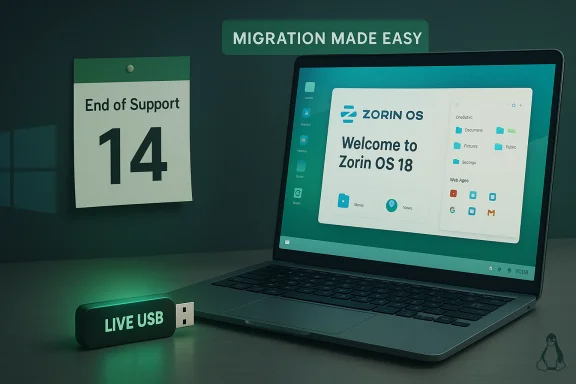 Zorin OS 18 welcome screen on a laptop, with a glowing Live USB and a “Migration Made Easy” banner. Zorin OS 18 welcome screen on a laptop, with a glowing Live USB and a “Migration Made Easy” banner.