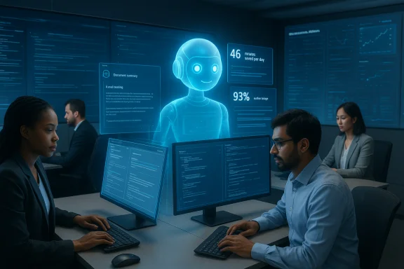 A holographic AI assistant sits between programmers in a high-tech office.