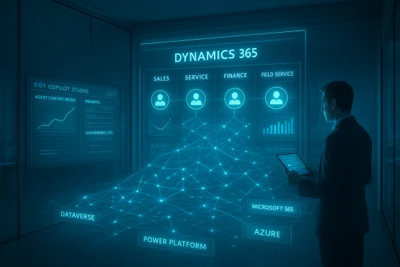 Business professional reviews a holographic Dynamics 365 dashboard with cloud platforms.
