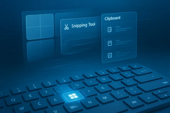 Blue-toned keyboard with floating holographic panels showing Snipping Tool and Clipboard. Blue-toned keyboard with floating holographic panels showing Snipping Tool and Clipboard.