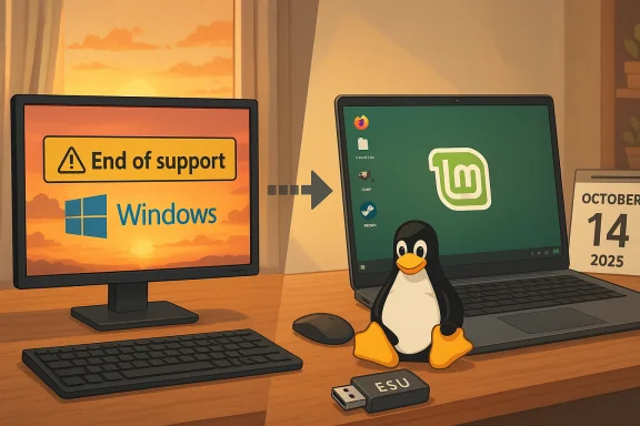 Windows end of support sign on a monitor, with Linux Mint on the laptop and Tux nearby. Windows end of support sign on a monitor, with Linux Mint on the laptop and Tux nearby.