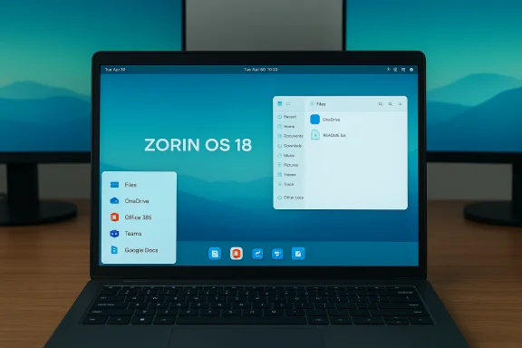Laptop running Zorin OS 18, with a Files window and side menu on the desktop. Laptop running Zorin OS 18, with a Files window and side menu on the desktop.