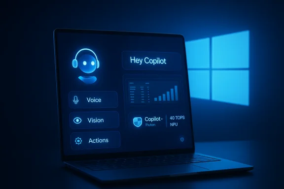 Blue-glow laptop screen displays Copilot UI with Voice, Vision, and Actions. Blue-glow laptop screen displays Copilot UI with Voice, Vision, and Actions.