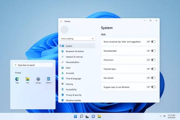 Windows 11 Settings: System page with all ad/tips toggles set to Off. Windows 11 Settings: System page with all ad/tips toggles set to Off.