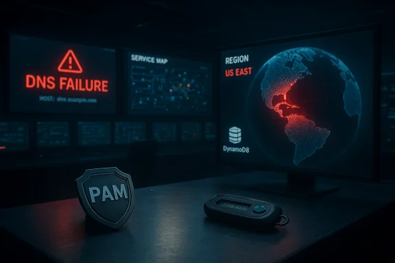 Dim control room with a DNS FAILURE alert, a regional map display, and a PAM shield on the desk. Dim control room with a DNS FAILURE alert, a regional map display, and a PAM shield on the desk.
