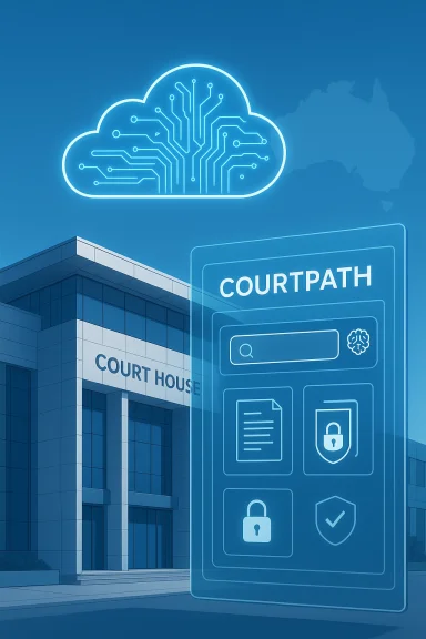 A courthouse beside a holographic CourtPath interface and a glowing cloud circuit.