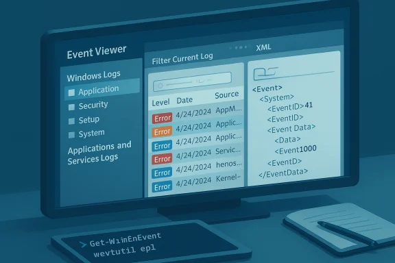 Monitor displaying Windows Event Viewer logs with errors and XML event data. Monitor displaying Windows Event Viewer logs with errors and XML event data.