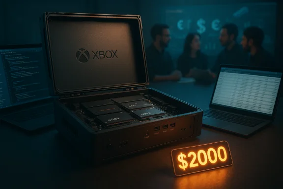 Open Xbox-branded rugged PC with exposed drives, priced at $2000, as a team discusses in the background. Open Xbox-branded rugged PC with exposed drives, priced at $2000, as a team discusses in the background.