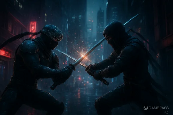 Two armored ninjas duel with glowing swords in a rain-soaked neon-lit city. Two armored ninjas duel with glowing swords in a rain-soaked neon-lit city.