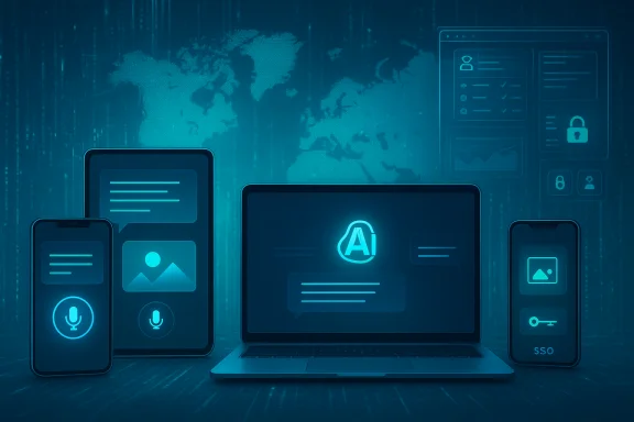 Blue-toned devices including a laptop and smartphones display AI interfaces and data visuals. Blue-toned devices including a laptop and smartphones display AI interfaces and data visuals.