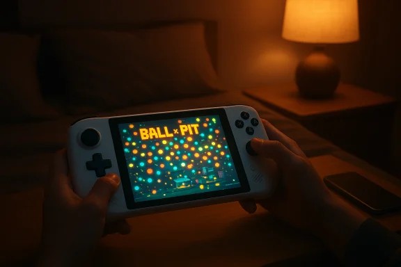 Dimly lit bedroom; a person plays a white handheld console showing “Ball x Pit.” Dimly lit bedroom; a person plays a white handheld console showing “Ball x Pit.”