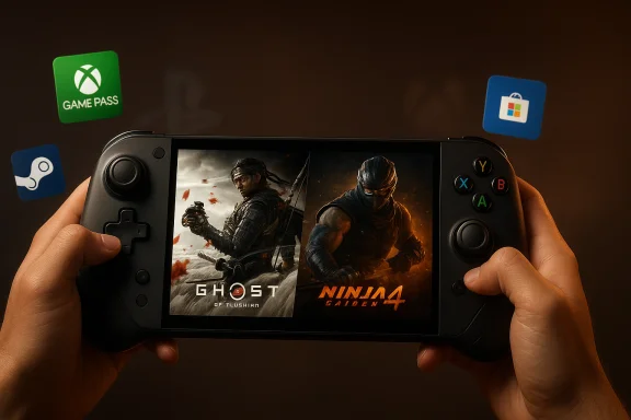 A handheld console screen shows Ghost of Tsushima and Ninja Gaiden 4 with floating app icons around. A handheld console screen shows Ghost of Tsushima and Ninja Gaiden 4 with floating app icons around.