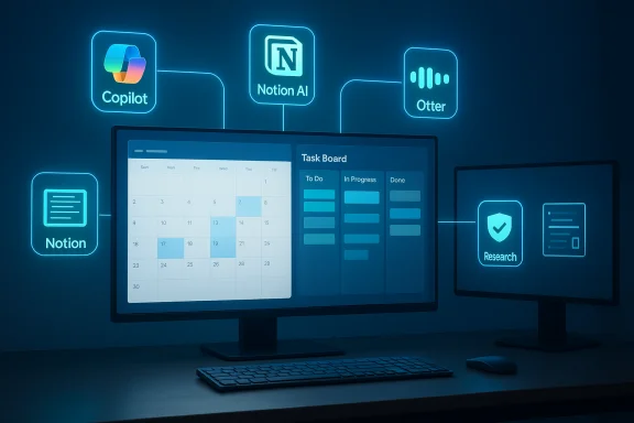 Neon-lit desk with dual monitors showing a calendar task board and icons for Copilot, Notion AI, and Otter. Neon-lit desk with dual monitors showing a calendar task board and icons for Copilot, Notion AI, and Otter.