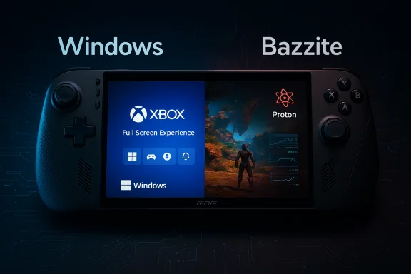 Handheld gaming device showing Windows on left and Proton on the right.