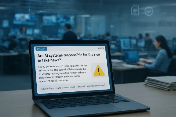 Laptop displays article about AI and fake news in a busy newsroom. Laptop displays article about AI and fake news in a busy newsroom.