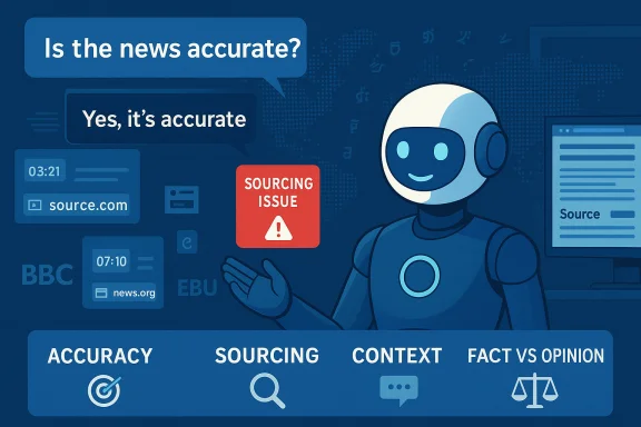 A blue robot asks 'Is the news accurate?' with a 'Sourcing Issue' alert and fact-check panels. A blue robot asks 'Is the news accurate?' with a 'Sourcing Issue' alert and fact-check panels.